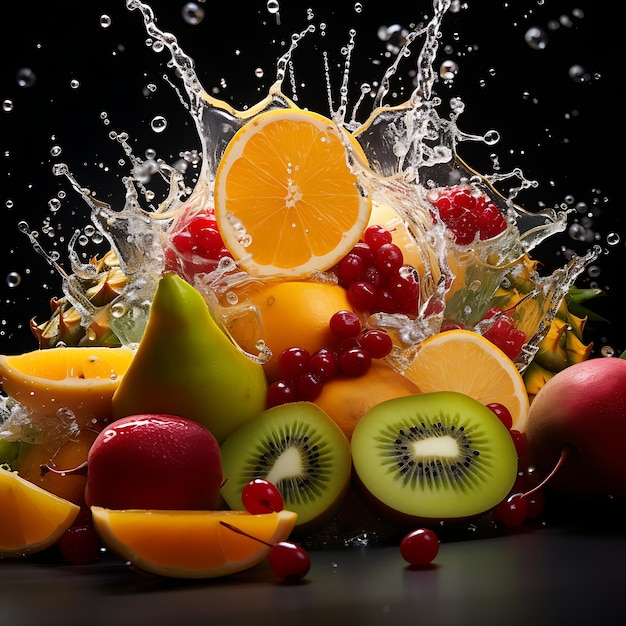 Salade de fruits tropicaux avec des gouttelettes d'eau qui tombent en cascade sur les fruits