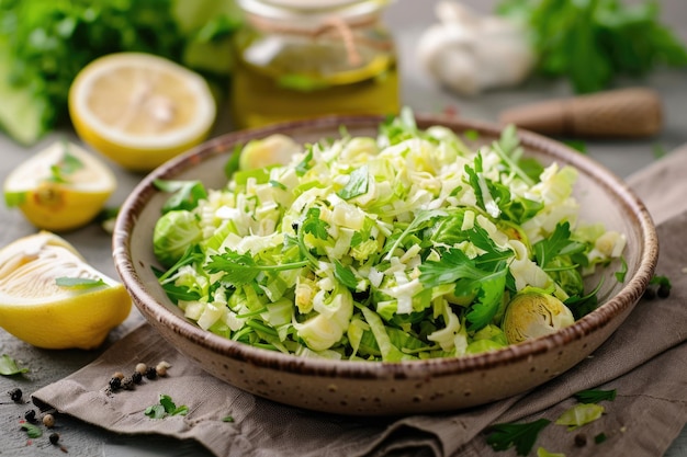 Salade de germes de Bruxelles maison saine avec laitue rasée, citron et sauce à l'huile servie