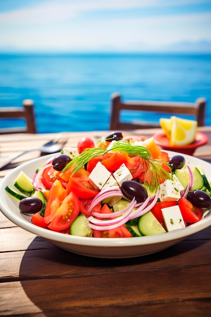 Photo salade grecque dans une assiette focus sélectif nourriture