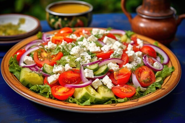 Photo salade grecque avec feta sur une assiette à rebord bleu