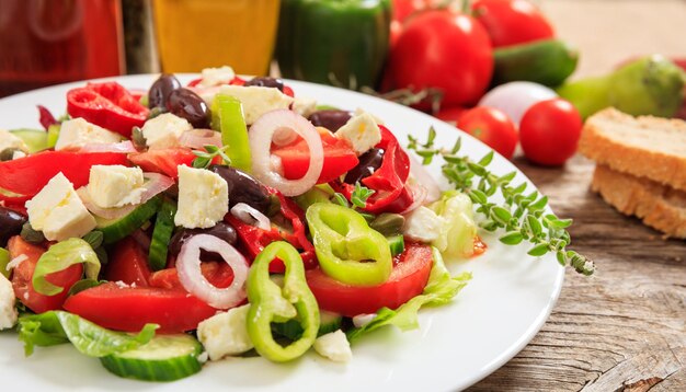 Salade grecque sur fond de bois