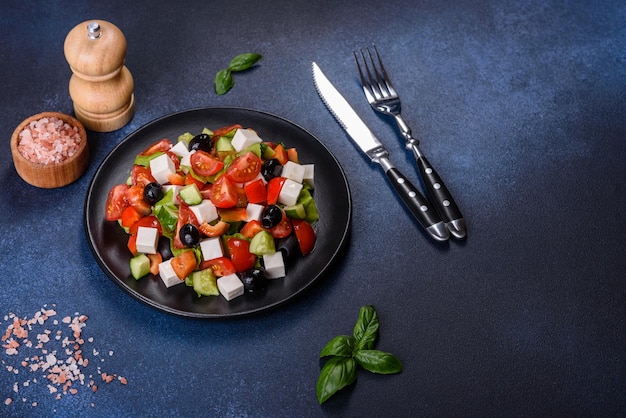 Salade grecque avec fromage feta aux légumes frais et olives noires