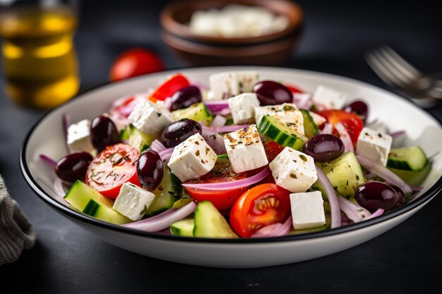 Photo salade grecque ou horiatiki en gros plan dans un bol blanc