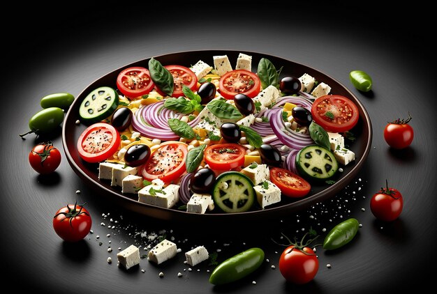 Salade grecque produit studio photo fond noir foncé salade de tomates fraîches et d'oignons illustration IA générative