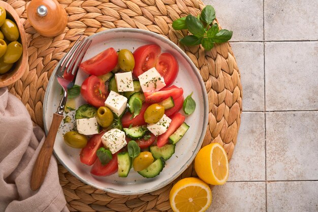 Salade grecque Salade grecque fraîche avec légumes frais tomate concombre olives vertes et fromage feta sur fond de table en béton gris ancien Vue de dessus