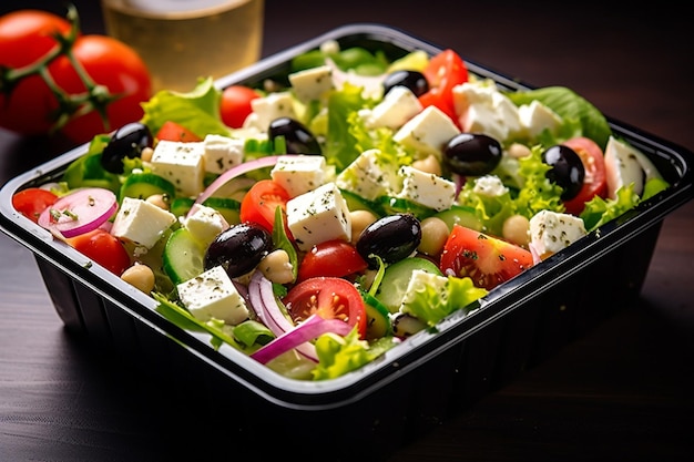 Salade grecque servie dans un bol de pain fait de pain croustillant artisanal