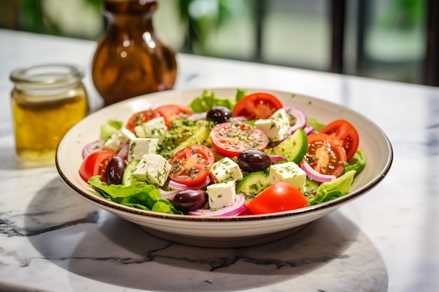 Salade grecque avec des tomates, du fromage feta et des olives.