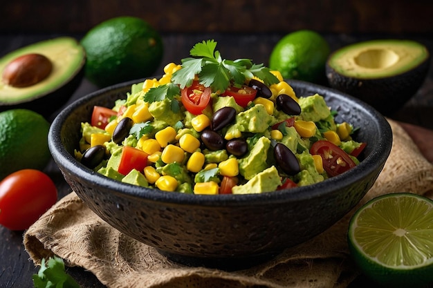 Salade de guacamole mexicaine avec des haricots noirs de maïs et