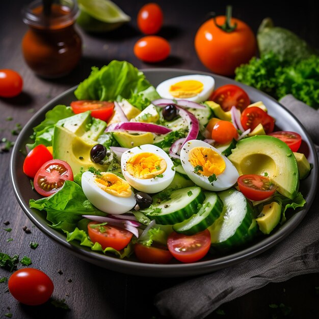 Salade de laitue verte avec œuf de légumes frais isolé sur fond de bois