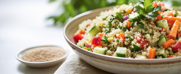 Salade de légumes au quinoa sur fond blanc