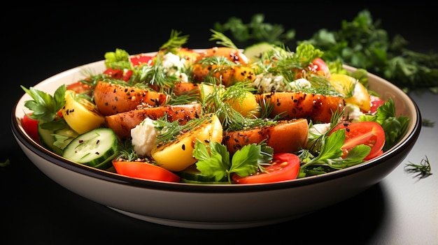 salade de légumes dans une assiette sur fond de table blanche