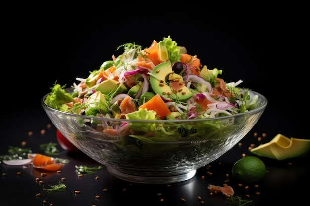 Salade de légumes dans un bol de salade transparent concombres tomates feuilles de laitue oignons rouges