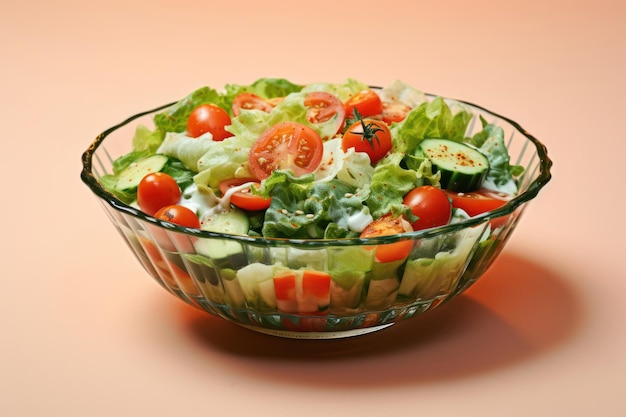 Salade de légumes dans un bol de salade transparent concombres tomates feuilles de laitue oignons rouges