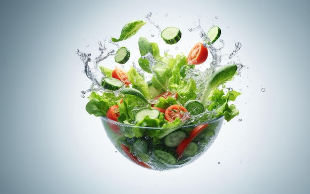 Salade de légumes avec des éclaboussures de jus Des légumes verts dans un bol de verre volant dans l'air et l'eau