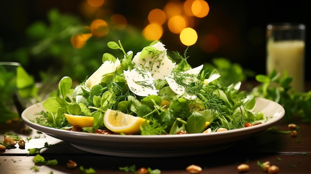 Salade de légumes feuillus sur une assiette blanche sur fond vert