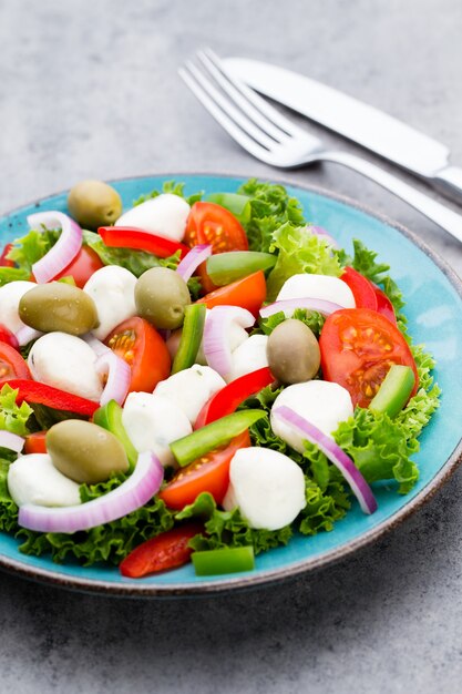 Salade de légumes frais. Caprese. Caprese Salad. Salade italienne. Salade méditerranéenne. Cuisine italienne.