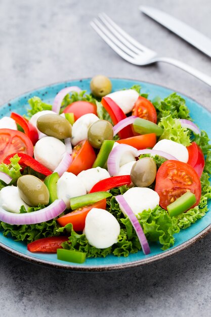 Salade de légumes frais. Caprese. Caprese Salad. Salade italienne. Salade méditerranéenne. Cuisine italienne.