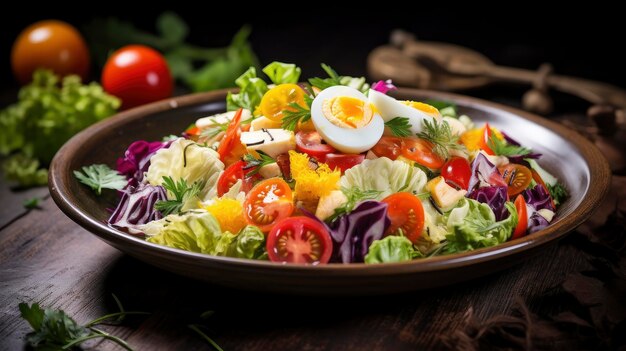 Salade de légumes frais colorés avec des œufs bouillis dans un bol rustique sur fond de bois