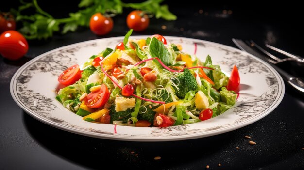 Salade de légumes frais colorés avec des œufs bouillis dans un bol rustique sur fond de bois