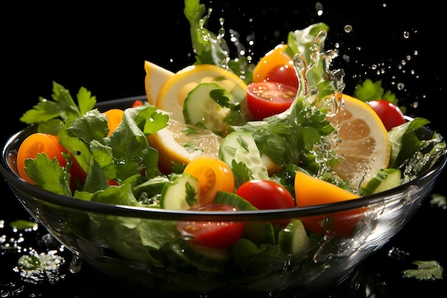 Salade de légumes frais dans un bol en verre avec éclaboussures d'eau sur fond noir