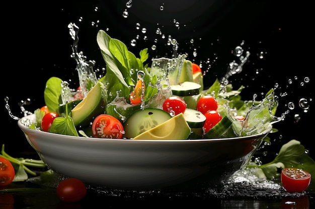Salade de légumes frais dans un bol en verre avec éclaboussures d'eau sur fond noir