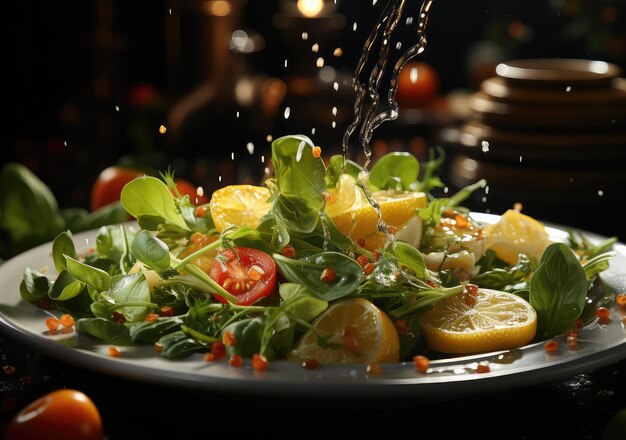 Photo salade de légumes frais et nourriture avec des éclaboussures d'eau flottent sur un plat avec un fond de studio sombre ai generative