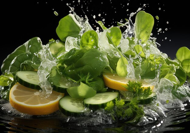 Salade de légumes frais et nourriture avec des éclaboussures d'eau flottent sur un plat avec un fond de studio sombre AI Generative