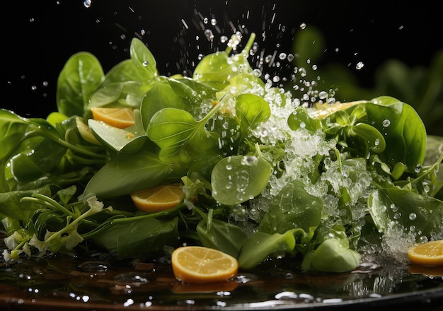 Salade de légumes frais et nourriture avec des éclaboussures d'eau flottent sur un plat avec un fond de studio sombre AI Generative