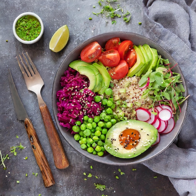 Photo salade de légumes frais à partir de tomates concombres oignons rouges et feuilles de laitue menu de vitamines d'été sain