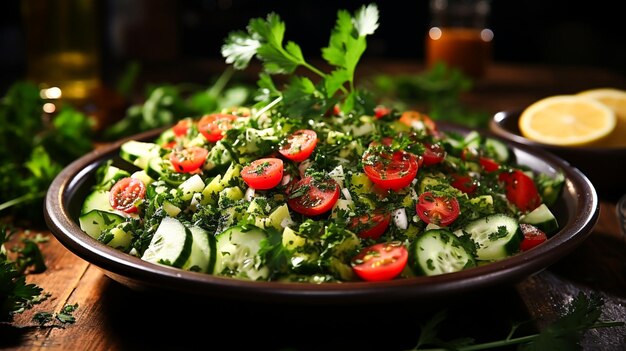 Salade de légumes frais avec persil et coriandre sur bol en bois