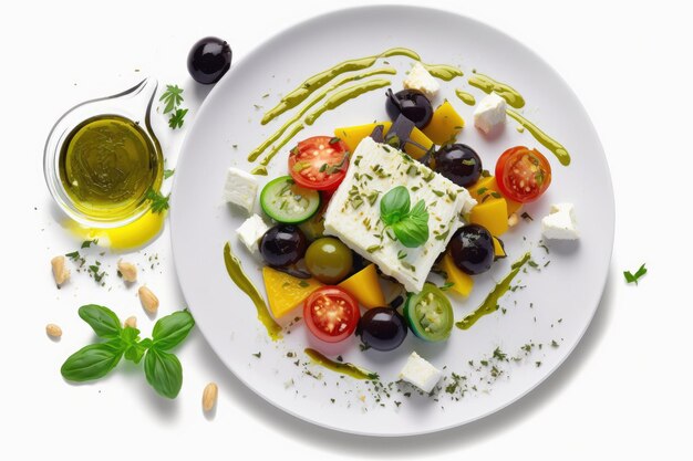 Salade de légumes à l'huile d'olive Salade grecque cuisine méditerranéenne alimentation saine tableau blanc