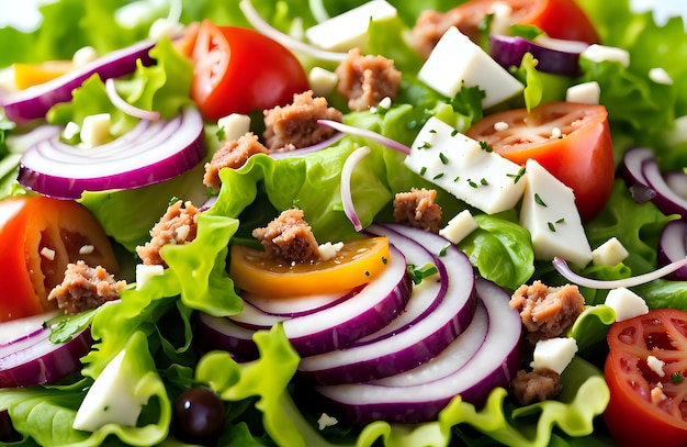 Salade de légumes saine à base de tomates fraîches, de mozzarella, de concombre, d'oignon, de laitue et de sésame sur une assiette