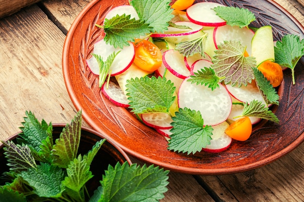 Salade de légumes sains d'ortie sur plaque.