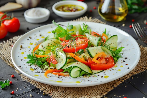 Salade de légumes Salade végétarienne avec fromage fumé concombres tranchés tomates et légumes verts