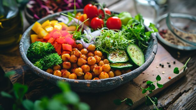 Photo salade de légumes sur une table sous la douce lumière du soleil un matin d'hiver ia générative