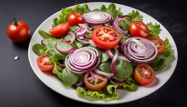 Salade de légumes avec des tomates, des oignons rouges et de la sauce sur un fond noir