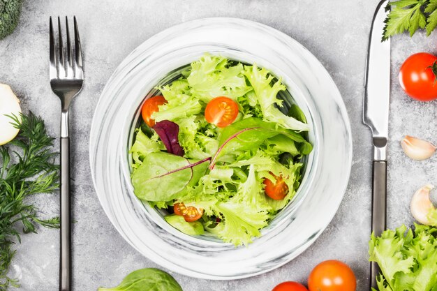 La salade de légumes verts et tomates cerises dans un bol sur un fond clair