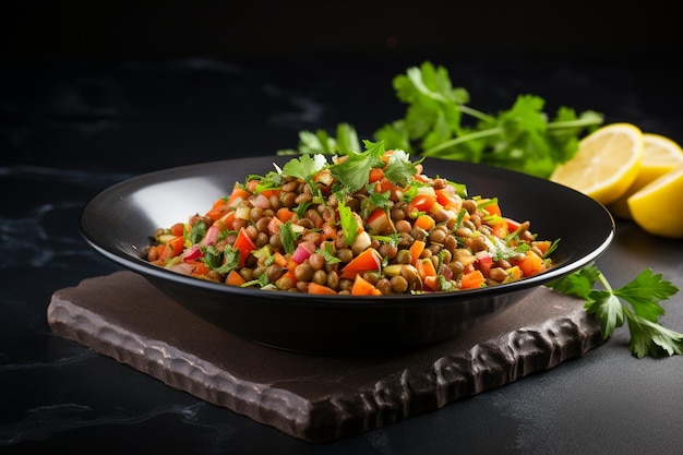 Salade de lentilles avec du piment et des carottes dans un bol sur un fond d'ardoise noire