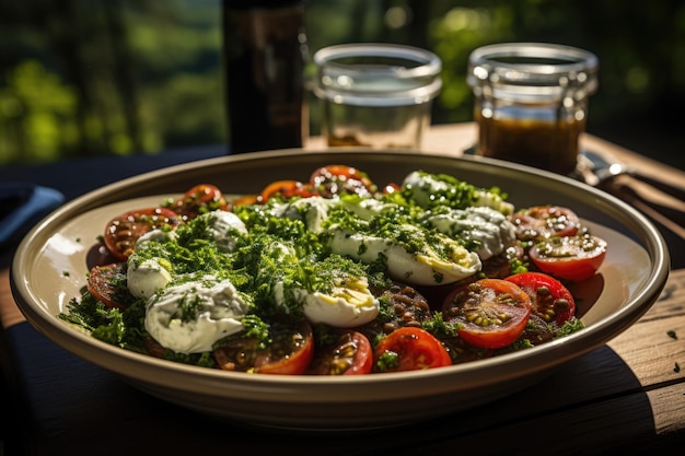 Salade de lentilles avec fromage de chèvre lors d'un pique-nique dans un champ vert génératif IA