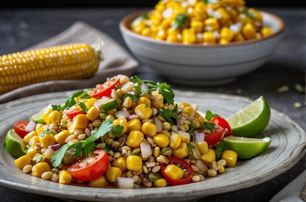 Photo salade de maïs et d'orge avec de la sauce à la chaux