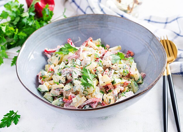 Salade à la mode Salade au jambon paprika concombre et fromage Aliments sains régime cétogène régime déjeuner concept menu régime KetoPaleo