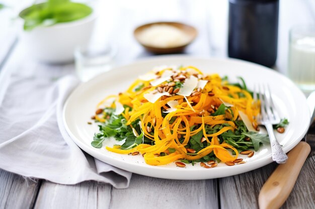 Salade de noix de beurre en spirale avec des amandes grillées et des flocons de parmesan