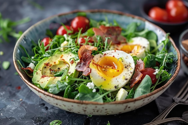 une salade avec un œuf et un avocado dans un bol