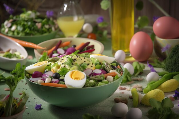 Une salade avec des œufs et des légumes sur une table.