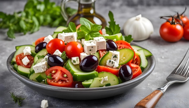 une salade avec des olives noires, des tomates et des concombres