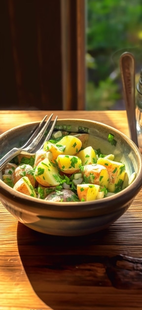 Salade Olivier avec langue d'agneau concombre salé oeuf de caille fond de table en bois hommes IA générative