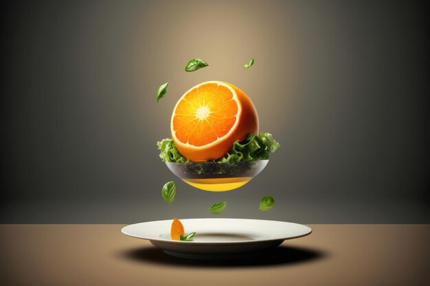 Salade à l'orange en lévitation Art numérique Génération IA