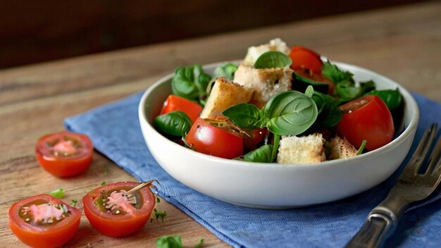 Salade de Panzanella garnie d'herbes fraîches avec une explosion de saveur