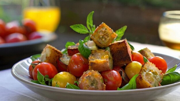 Salade de Panzanella avec des tomates d'héritage fraîcheur de jardin