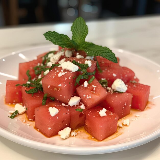 Salade de pastèque avec fromage feta et menthe sur une assiette blanche